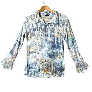 KOMAROV Women Crinkle Blouse Floral Plisse Pleats Long Sleeve Top Size M Y2K